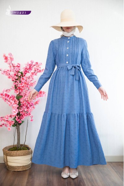 1421 Taş Düğme Detaylı Elbise - Mavi  