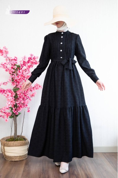 1421 Taş Düğme Detaylı Elbise - Siyah  