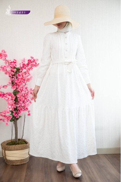 1421 Taş Düğme Detaylı Elbise - Beyaz  