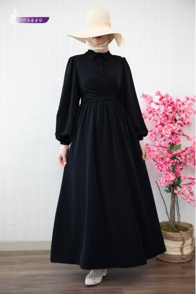 1449 Kuşaklı Elbise - Siyah 