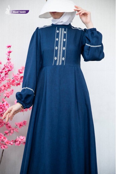 1463 Geometrik Nakışlı Elbise - Mavi  